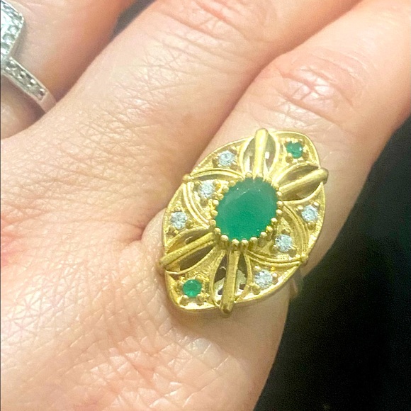 Deco 1.50ctw Emerald & Diamond Cut Sapphires Ring - Picture 2 of 4